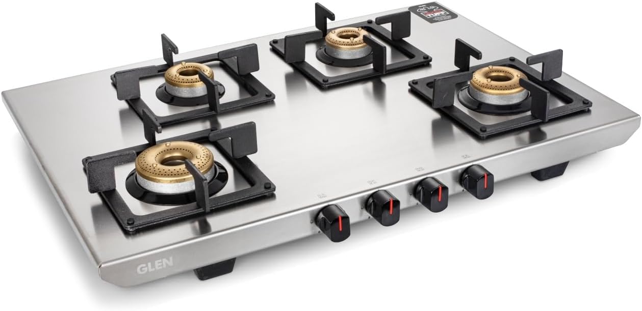 Glen 4 Burner Ultra Tuff Stainless Steel LPG Gas Stove 73 cm | Manual Ignition | Silver | 1 Jumbo Forged Brass Burner | 360 Revolving Inlet Nozzle | 2 Years Warranty | 1054UTSS73