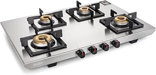 Glen Gas Stove 4 Burner Ultra Tuff Stainless Steel LPG Gas Stoves Manual Silver Forged Brass Burner Revolving Inlet Nozzle 2 Years Warranty (1054 UT SS)