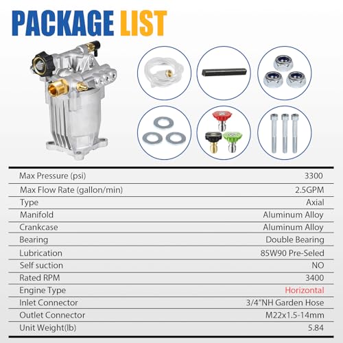 TOOLCY 3/4" Shaft Horizontal Pressure Washer Pump - Max 3100 PSI @ 2.5 GPM - Power Washer Pump for Gas Washer - Replacement Pump for Honda, Simpson, Ryobi etc.