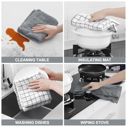 Homaxy Premium Cotton Kitchen Towels 16\"x 28\", Large Natural Ring Spun 390 GSM Dish Towels, Super Absorbent Terry Kitchen Hand Towels, Soft Tea Towels with Hanging Loop, Grey Check Design, 6 Pack - Thumbnail 4