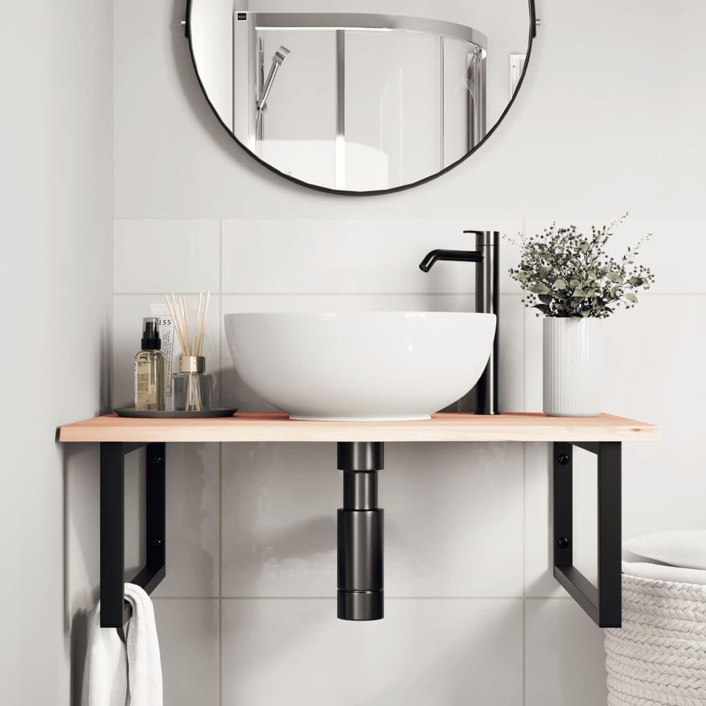 Piano lavabo con supporto in acciaio e legno di rovere massiccio, 80 x 60 cm, portata fino a 100 kg, montaggio a parete, salvaspazio, per armadietto da bagno, cosmetici, asciugamani
