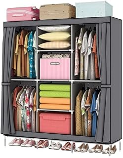 LOEFME Large Canvas Wardrobe Fabric Wardrobe Storage Organizer with Hanging Rail Shelving,Foldable Portable Closet Clothes Storage Cupboard Unit for Bedroom 175 x 130 x 45CM (Grey)