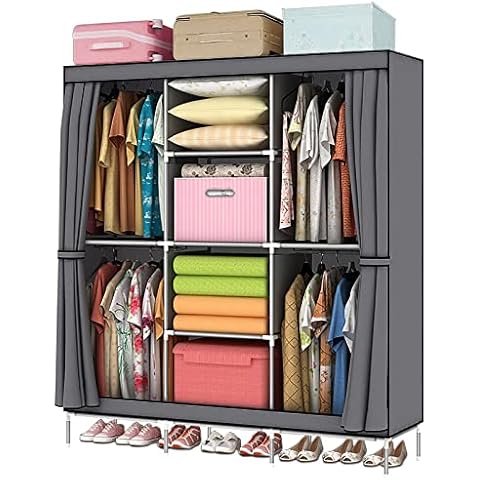 LOEFME Large Canvas Wardrobe Fabric Wardrobe Storage Organizer with Hanging Rail Shelving,Foldable Portable Closet Clothes Storage Cupboard Unit for Bedroom 175 x 130 x 45CM (Grey) Cover