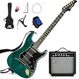MUSTAR Electric Guitar Kit with 25W Amplifier, 39 Inch Full Size Solid Wood Electric Guitar Beginner Kits, Gig Bag, Digital Tuner, Capo, Strap, Cable, Picks, Birthday Holiday Gifts (Green, MEG-100)