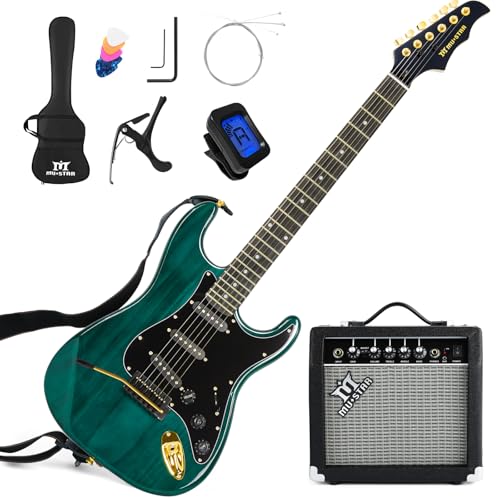 MUSTAR Electric Guitar Kit with 25W Amplifier, 39 Inch Full Size Solid Wood Electric Guitar Beginner Kits, Gig Bag, Digital Tuner, Capo, Strap, Cable, Picks, Birthday Holiday Gifts (Green, MEG-100)