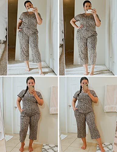 Ekouaer 2 Pack Women's Pajama Sets Short Sleeve Two-Piece Pjs V Neck Tops & Capri Pants Printed Lounge Sets S-3XL3