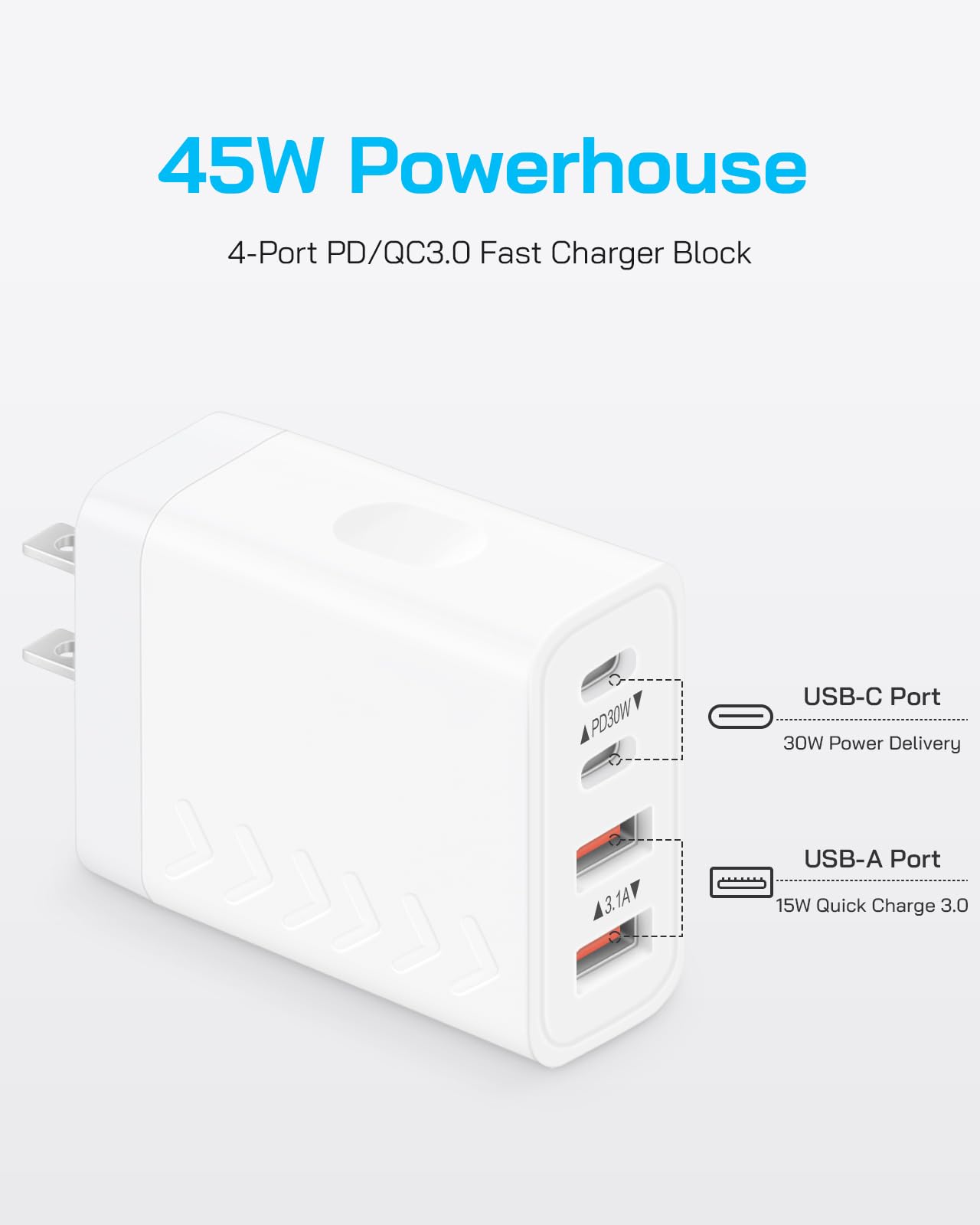 Blocco di ricarica USB C da 40 W | Blocchi di ricarica rapida con 4 porte (2 USB-C + 2 USB-A) | PD3.0/QC3.0 compatto da parete per iPhone 17/16/15/14/13/12/11/X, Galaxy S25/S24/S23/S22, iPad e altro