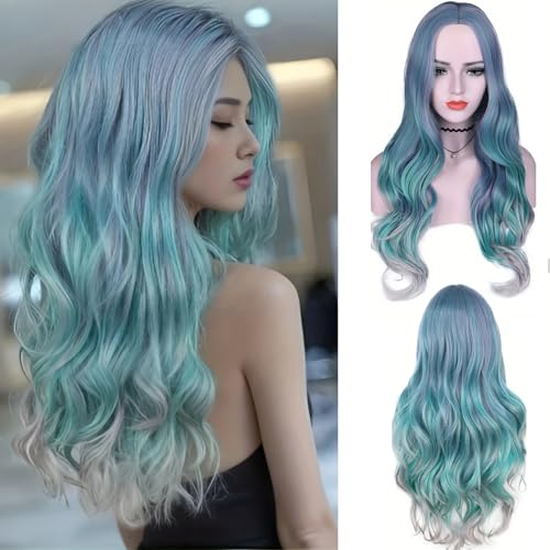 Wenweo Perücke Damen Perücke Grün Lang Natürlicher Look für Halloween Karneval Fasching Maskerade Cosplay & Partys | Bis zur Taille | Elegante Alltags und Kostüm Perücke(Grün)