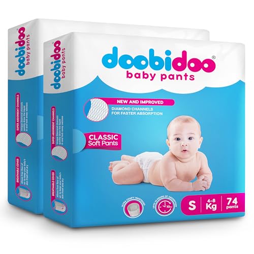 Image of Doobidoo Classic Baby Diaper Pants - S Size | High Absorbency with Cottony Bubble Soft Topsheet, Anti-Leak Side Cuffs & Rash-Free Comfort | Gentle Protection (4-8 kg) - Pack of 2 | 148 Count