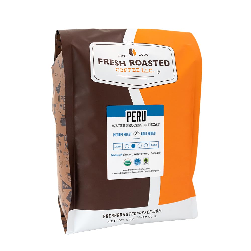 Fresh Roasted Coffee, Organic Peru Water-Processed Decaf | Mold & Myco 3rd Party Tested, USDA Organic, Kosher | Med Roast 5 lb (80 oz) Whole BeanUSDA OrganicFair Trade CertifiedFair Trade CertifiedFair Trade Certified