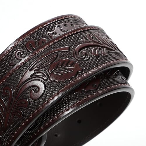 Image of SANSTHS Genuine Leather Cowboy Belts for Men Western Belt Buckle for Jeans | 1.5 inch Embossed Belt, Texas Longhorns Belt Buckle, Classic Western Style, for Cowboy, Cowgirl, Rodeos, Costume Party, Gifts