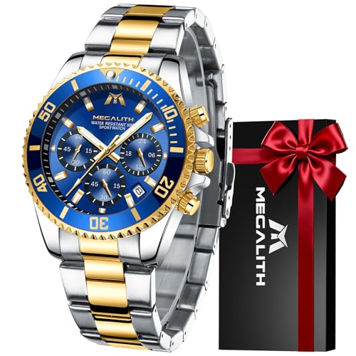 MEGALITH Reloj Hombre Oro Acero Inoxidable Relojes De Pulsera Grande Cronógrafo Relojes Impermeable Diseñador Reloj Analógico Hombre Esfera Azul Luminosa Fecha