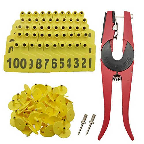 Cattle Ear Tags 201-300, 100Pcs Plastic Livestock Ear Tag for Cows Goats Sheep Pigs with Pliers Applicator & 2 Pins, Animal ID Tags for Ranch Farm Herd Tracking, Laser Print (201-300, Yellow)