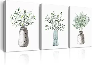 DZRWUBHS Canvas Wall Art For Dining Room Kitchen Wall Decor For Bedroom Office Decor Paintings Family Living Room Wall Decoration Green Leaf Vase Wall Pictures Artwork Room Home Walls Decor 3 Piece
