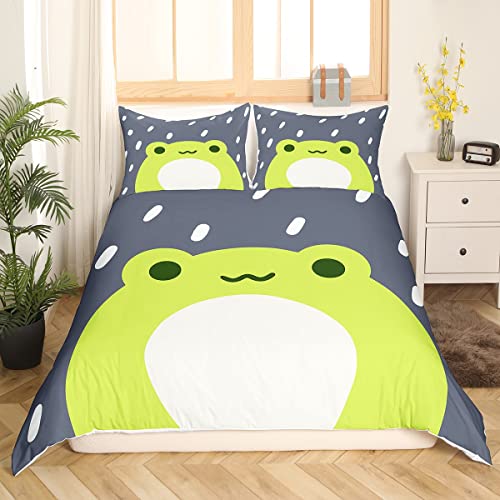 Loussiesd Cartoon Frog Duvet Cover 3D Animals Comforter Cover Rain Cute Animal Frog Green Gray Bedding Set For Kids Adults Bedspread Cover Ultra Soft King Size Zipper - Image 3