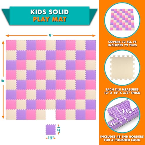 Image of ProSource Baby Play Mat, Soft Foam Floor Tiles for Kids, Interlocking EVA Panels for Playpen Use, Crawling Development Surface, Safe Non-Toxic Toddler Flooring, 72 Tiles, Pink /Purple /Beige