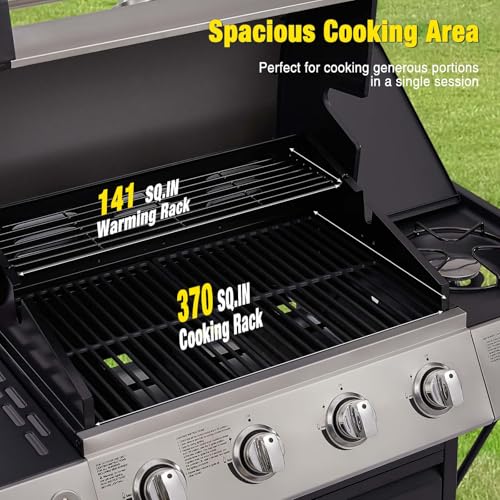Image of Unovivy 4-Burner Propane Gas Grill with Side Burner, Portable BBQ Grills with Oil Tray and Built-in Thermometer for Outdoor Barbecue, Camping, Patio, Backyard, 49,000 BTU
