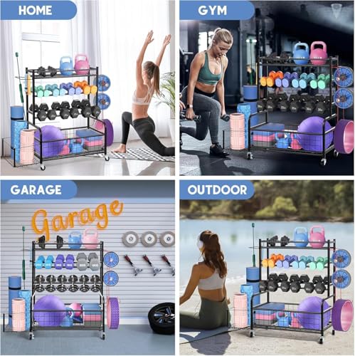 WUDLEP Dumbbell Rack Stand, Multifunctional Weight Rack with Multi-Direction Wheels, Dumbbell Stand for Home Gym with Hooks, Yoga Mat Storage Rack for Dumbbells, Kettlebells, Yoga Mats, Yoga Bricks - Image 6