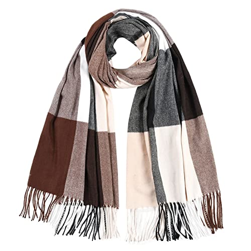 YOLAI Women's Tassel Plaid Scarf Thick Warm Shawl Winter Thermal Scarves (Coffee, One Size)