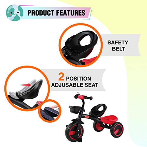 Image of LuvLap Joy Baby Cycle / Tricycle For Kids, 3 To 5 Yrs, Upto 25Kg, Adjustable Safety Belt, Front & Rear Baskets, 2 Position Adjustment (Red)