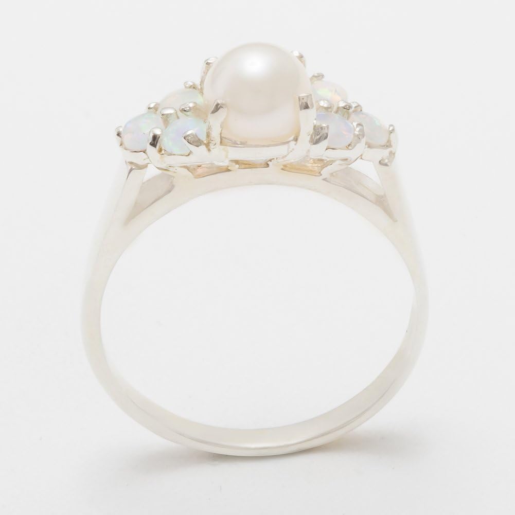 LetsBuyGold 925 Sterling Silver Cultured Pearl & Opal Womens Cluster Band Ring - 8.75 - Size 8.75