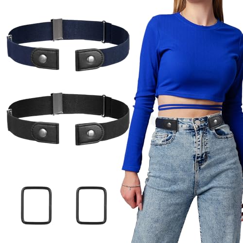 2 Pcs No Buckle Stretch Belt for Women and Men, Invisible Elastic Waist Belts for Jean, Pants, Dresses (Black, Navy Blue)