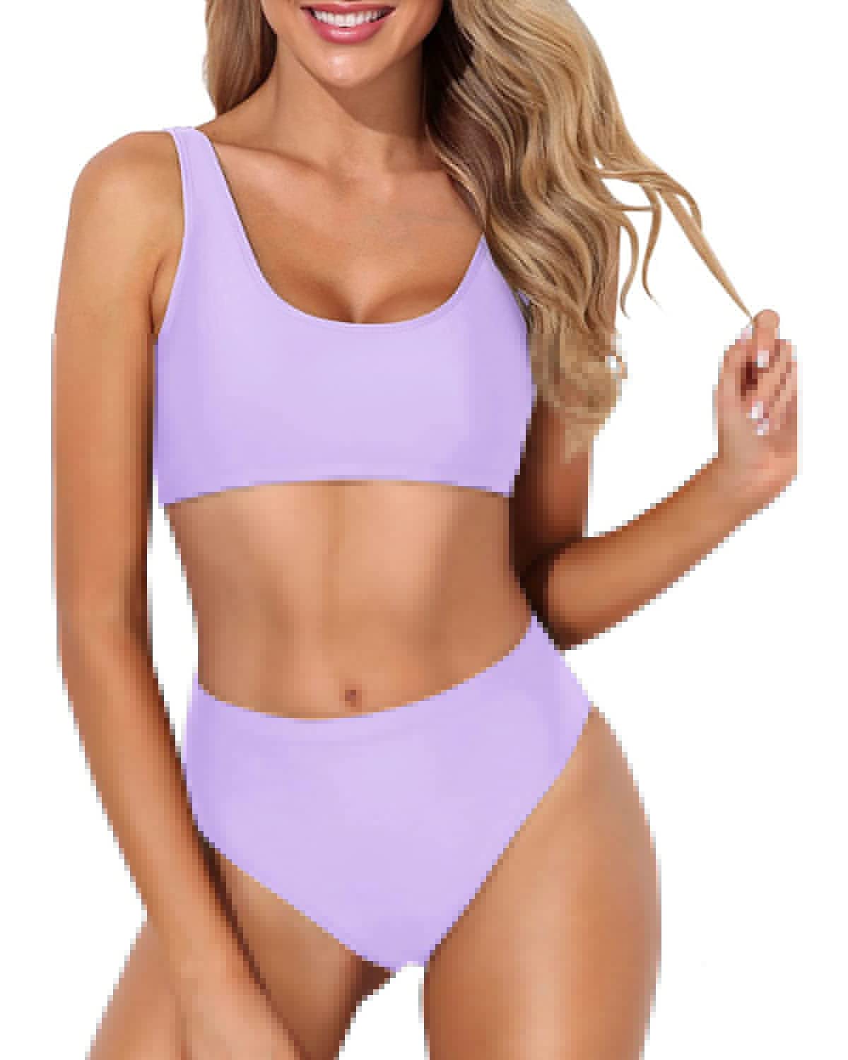Tempt Me Women Lavender Purple Two Piece Scoop Neck Bikini Crop Top High Cut Swimsuit Sporty High Waisted Bathing Suit with Bottoms XL