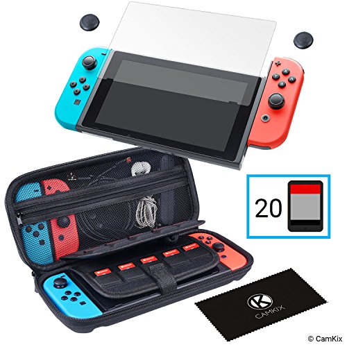 CAMKIX Kit Conservazione e Protezione 4in1 Compatibile con Nintendo Switch: Custodia Rigida in Nylon con 20 Inserti per Game Card, Proteggi Schermo in Vetro Temperato, 2X Thumb Grip, Panno di Pulizia