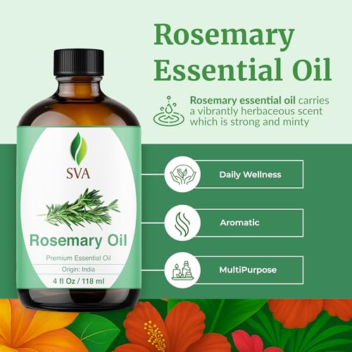 Image of SVA Rosemary Essential Oil - 4 Fl Oz - for Diffuser, Skin & Hair Care - Ideal for Aroma, Massage & DIY Blends- with Dropper