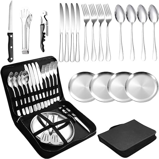 EKYLIP Camping Crockery Set, Silver, 20-Piece Camping Cutlery Set for 4 People, Portable Stainless Steel Picnic Tableware Set with Case, Ideal for Camping, Travel, Hiking and Picnics Outdoor (B0D3KN3KVL) Amazon Price History, Amazon Price Tracker