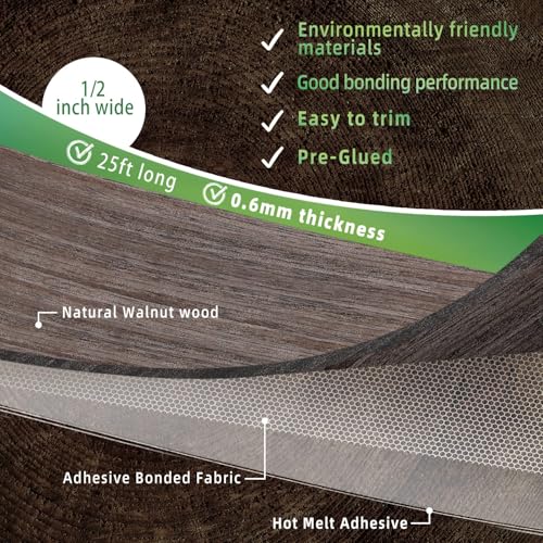 Image of Walnut Edge Banding, 1 /2 inch x 25ft roll of Veneer Real Wood Edge Banding Preglued Flexible, Tape Banding for Cabinet Repair