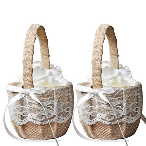 Panier de fleurs de mariage,Vintage Rustique Romantique Bowknot En toile de jute Panier pour fête de mariage avec décoration en dentelle Cover