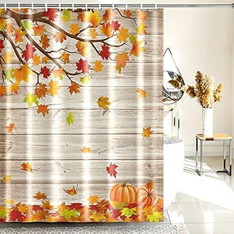 Fall Shower Curtain Thanksgiving Pumpkin Shower Curtain with Hooks Farmhouse Style Shower Curtain Falling Maple Leaves on Rustic Wooden Board Autumn Fabric Waterproof Bathroom Decor(W72”×H72”) Cover