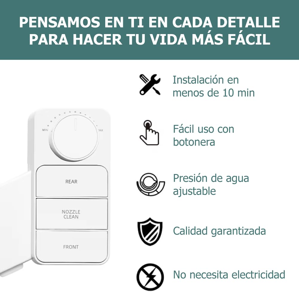 BENESS | Ducha Bidé De Botón Desmontable Sin Electricidad | Accesorio Delgado Para Baño | Fácil Instalación | Doble Pulverizador Frío Ajustable | Autolimpieza Integrada | Higiene íntima Y Ecológica