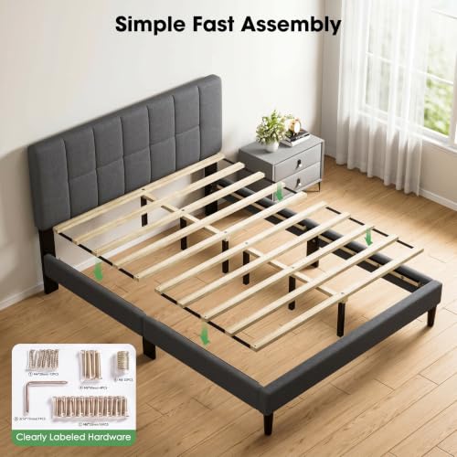 Image of Marsail Queen Size Bed Frame with Upholstered Adjustable Headboard, Fits 6-12 Inch Mattress, 1300 lbs Capacity, 12 Sturdy Solid Wood Support Legs, Easy Assembly, Dark Gray