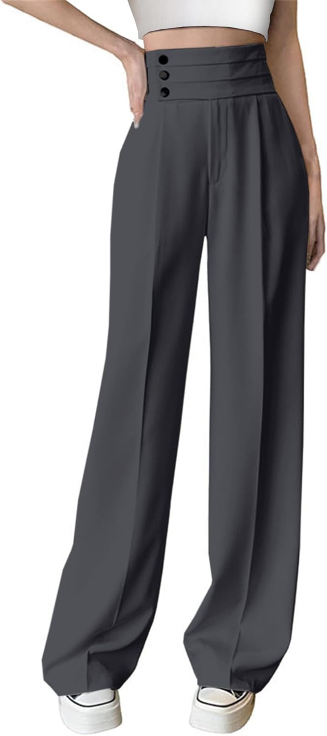 Betusline Women's High Waist Dress Pants Business Side Button Work Wide Leg Pants Straight Leg Trousers, Grey, Medium