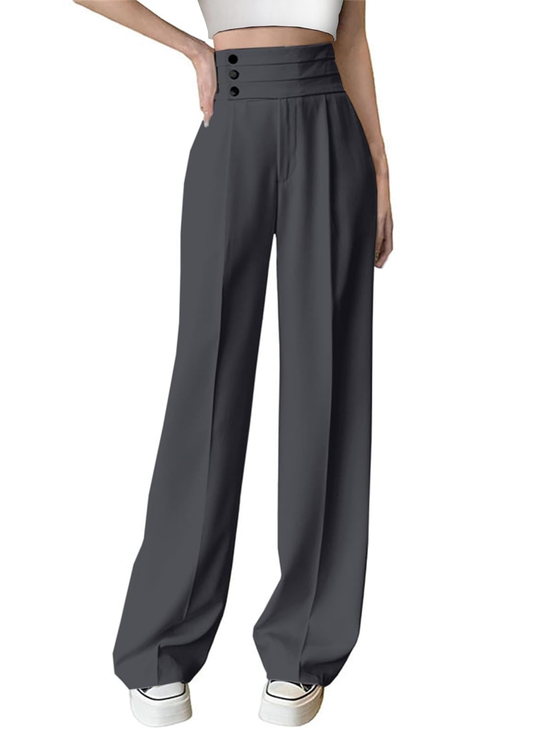 Betusline Womens High Waist Dress Pants Business Side Button Work Wide Leg Pants Straight Leg Trousers Grey Medium