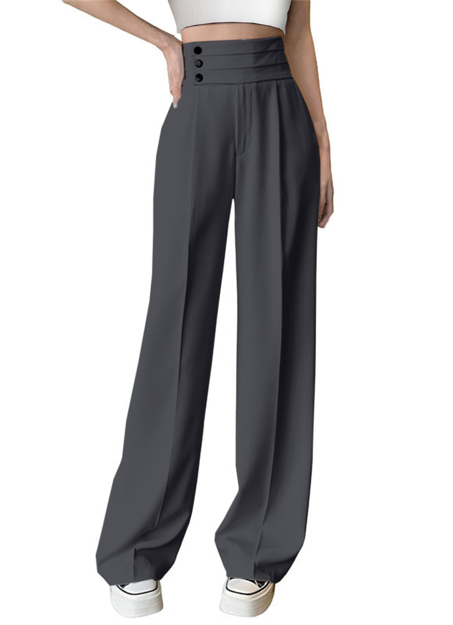 Betusline Womens High Waist Dress Pants Business Side Button Work Wide Leg Pants Straight Leg Trousers Grey Medium