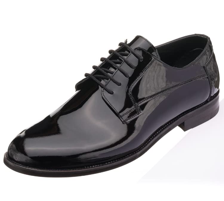 DALGALA Men's Black Patent Leather Big Size Handmade Plain Toe Formal Dress Shoes
