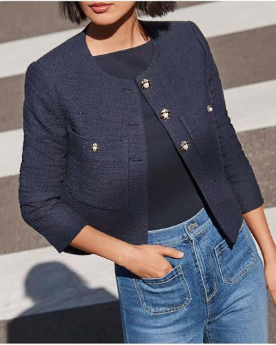 LifeShe Women's Tweed Jackets Elegant Open Front Cropped Blazers Long Sleeve Office Work Coats4