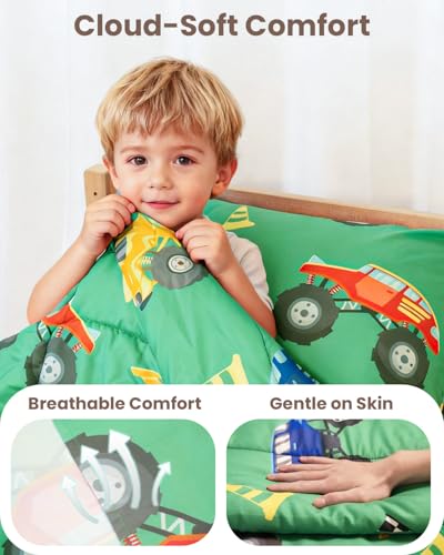 Image of TinyPalsa 4-Piece Toddler Bedding Set, Toddler Bed Comforter Set for Boys | Includes Comforter, Fitted Sheet, Flat Sheet & Pillowcase, Green Monster Truck
