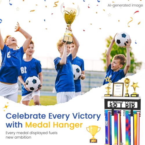 Image of Medal Holder Display Trophy Shelf Organizer, Sturdy Wooden Race Award Hanger Rack with 25 Steel Hooks, Wall Mount Storage Stand for Sports Fans, Cheer Success