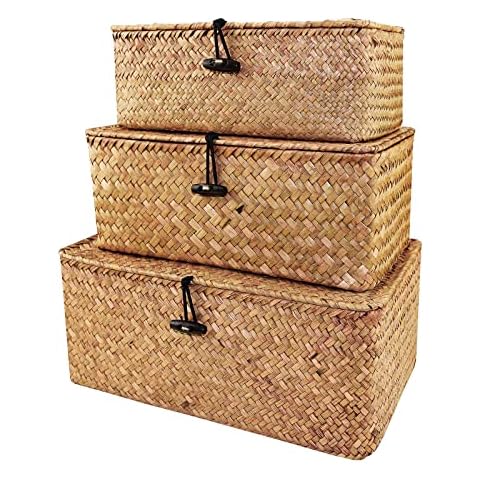 Esoes Wicker Storage Basket Woven Rattan Storage Box With Lids Seagrass Laundry Baskets Makeup Organizer For Bathroom, Living Room, Kitchen (M+L+XXL) Cover