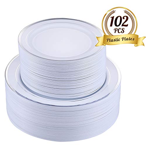 FOCUS LINE 102 pcs Plastic Party Plates White Silver Rim, Disposable Heavey Weight