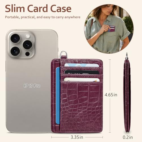 Image of Coco Rossi Crocodile Wallet Women Slim Credit Card Holder with Keychain | Luxury Wallets, Alligator Print, RFID Blocking, ID Case, Small Minimalist, Womens Girls Gift, Plum Croc