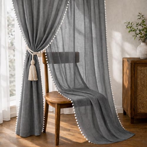 Image of THE LINEN COMPANY Sheer Curtains Cotton Curtains with Pom Pom Lace Rod Pocket Window Curtains Light Filtering Transparent Net Curtains for Window Curtains Light Grey 7 Ft Pack of 2