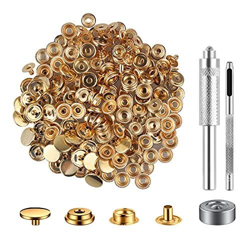 200 Pieces (50 Sets) Leather Snap And Fastener Kit Tool 5/8 Inches (15Mm) Snaps For Leather Fasteners Kit For Leather Stainless Snaps Button For Bag, Jeans, Clothes, Fabric (Gold) #TOP15
