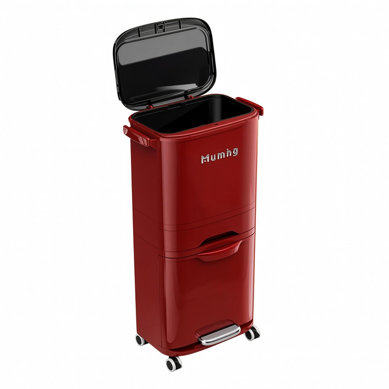 Pattumiera con Ruote Robusto Contenitore Salvaspazio, Bidone Spazzatura con Secchio Interno, Igienico, Pattumiera Maniglie, per, Rosso Retro