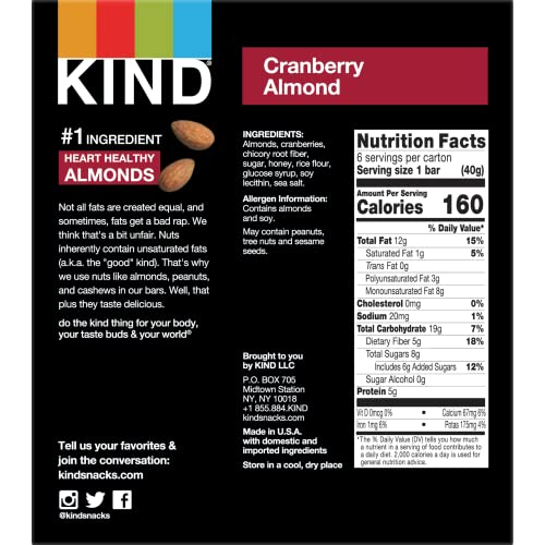 Image of KIND Nut Bars, Cranberry Almond, Healthy Snacks, Good Source of Fiber, Gluten Free, 5g Protein, 6 Count (Pack of 2)
