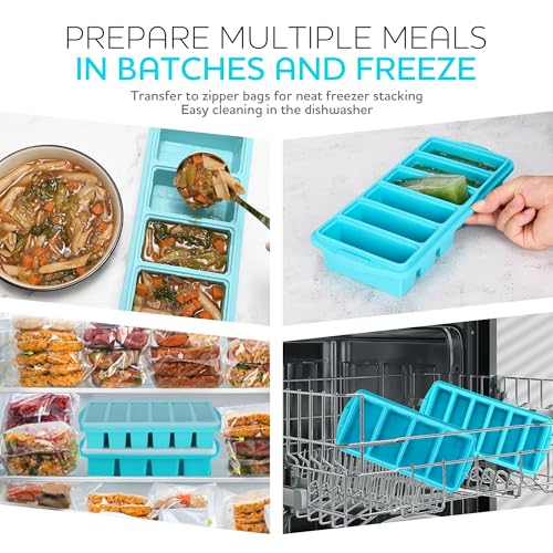 Image of Silicone Freezer Tray With Lid-Soup Freezer Container molds-Large Ice Cube Tray Set Makes 1-Cup & 1 /2-Cup portions cubes Perfect for preparing meals in different portion sizes Oven & Dishwasher -Safe